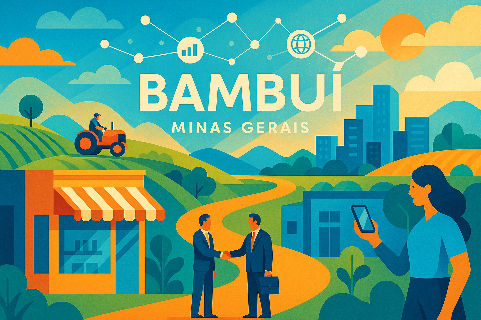 Ilustração de uma cidade com comércios e redes digitais conectadas, representando a tecnologia impulsionando negócios em Bambuí, Minas Gerais.